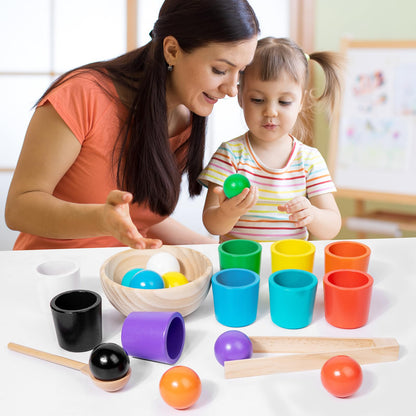 Wooden Balls and Cups Color Sorting Montessori Toy, Pairing Game Set for Kids