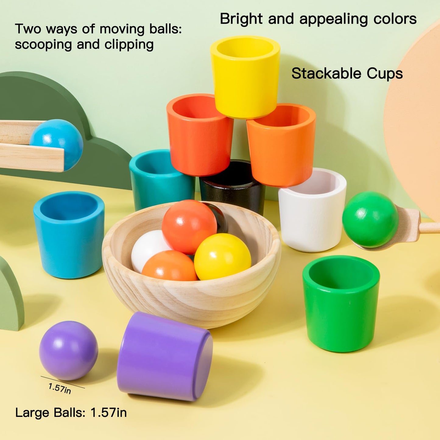 Wooden Balls and Cups Color Sorting Montessori Toy, Pairing Game Set for Kids