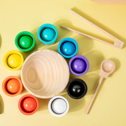 Wooden Balls and Cups Color Sorting Montessori Toy, Pairing Game Set for Kids