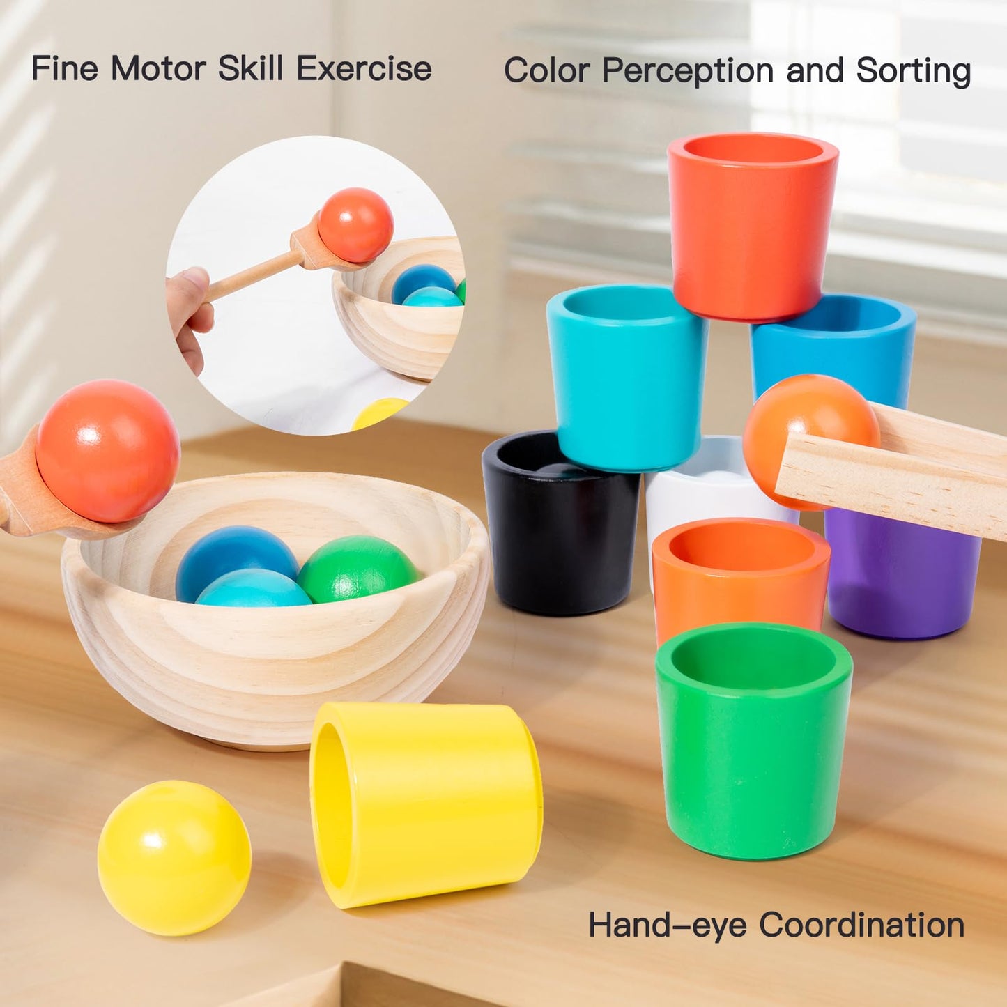 Wooden Balls and Cups Color Sorting Montessori Toy, Pairing Game Set for Kids