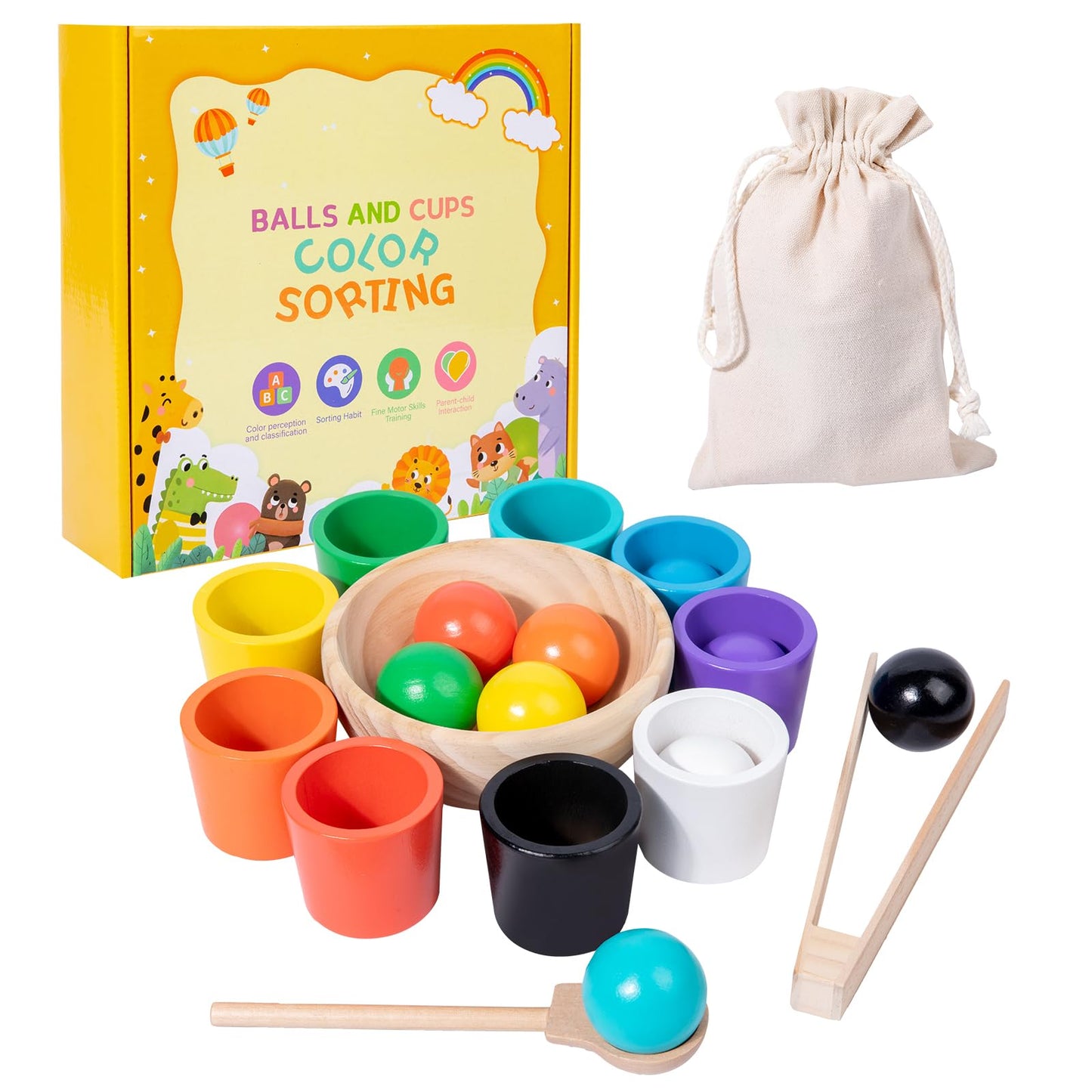 Wooden Balls and Cups Color Sorting Montessori Toy, Pairing Game Set for Kids