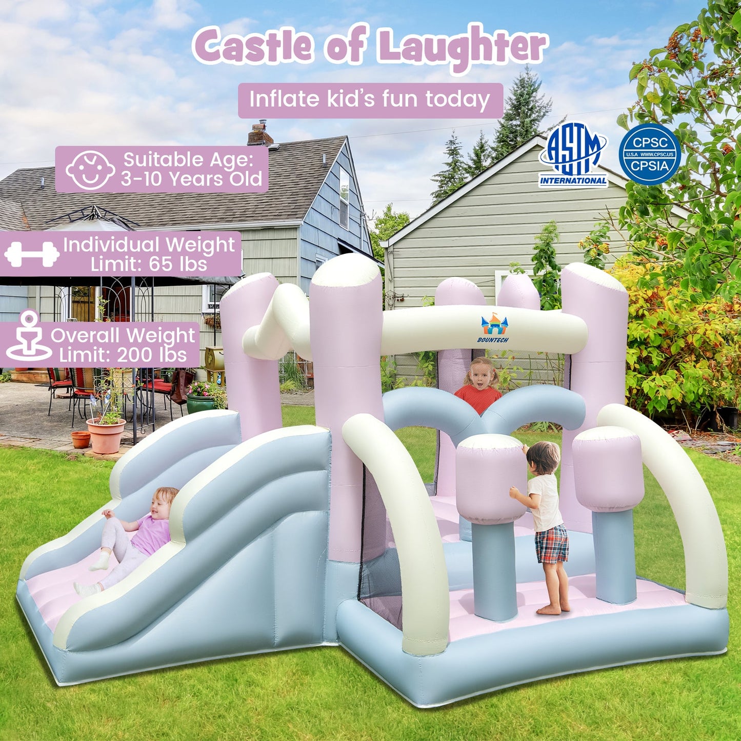 Kids Bounce House with Slide and 2 Boxing Columns for Party with 480W Blower