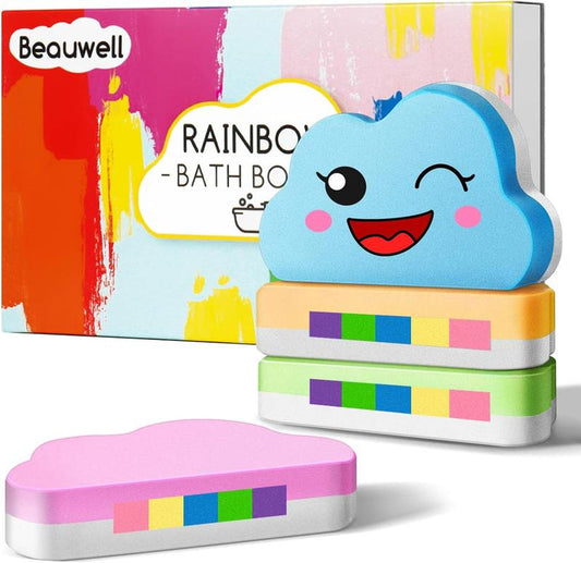 Rainbow Bath Bombs for Kids, Handmade 4 Pcs Kid Bath Bombs Gift Set, Easter Basket Stuffers & Valentine Gifts for Kids Girls Bubble Bath